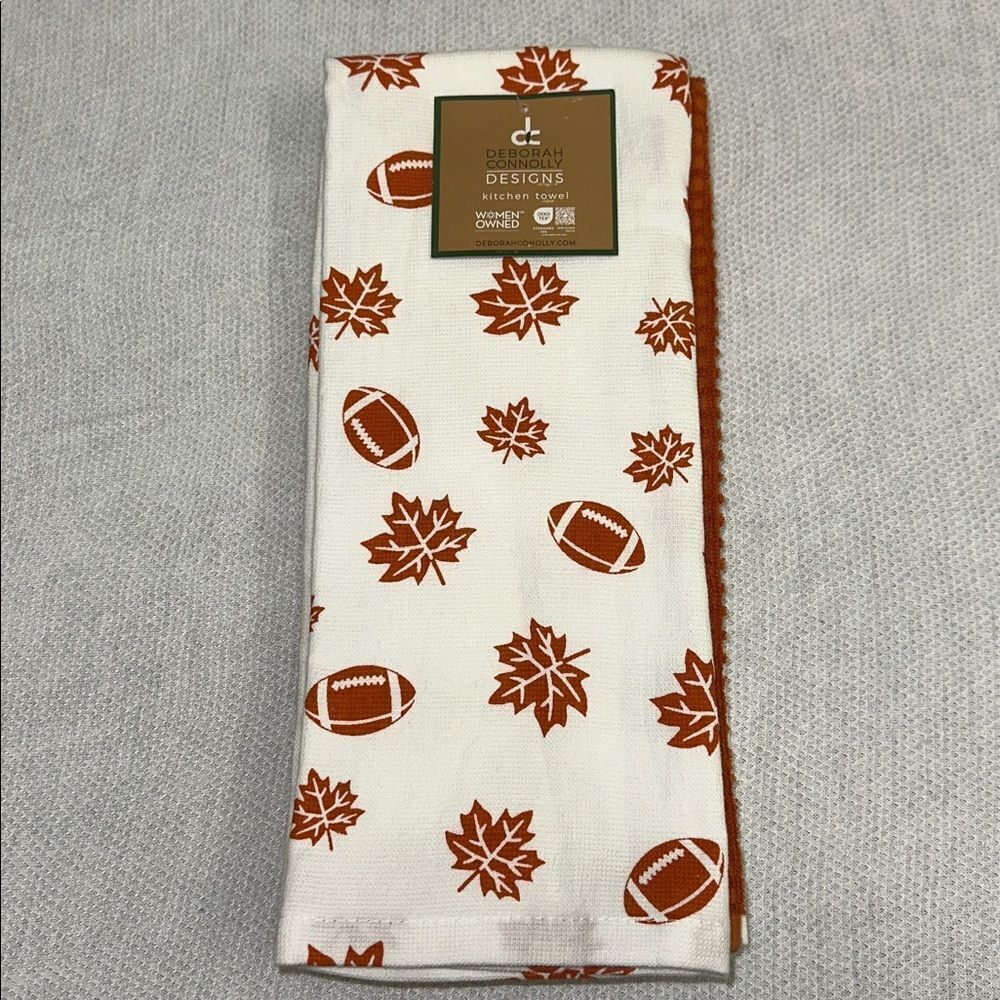 DC White Rust Caramel Brown Cotton Blend Fall Leaf Football Print Kitchen Towels